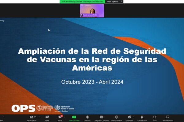 Captura de pantalla de el webminario, con el título “Ampliación de la Red de Seguridad de Vacunas (VSN) en las Américas”